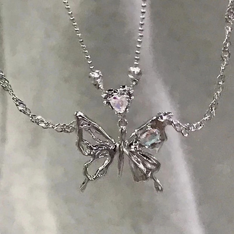 Ladies Fashion Alloy Rhinestone Heart Butterfly Necklace