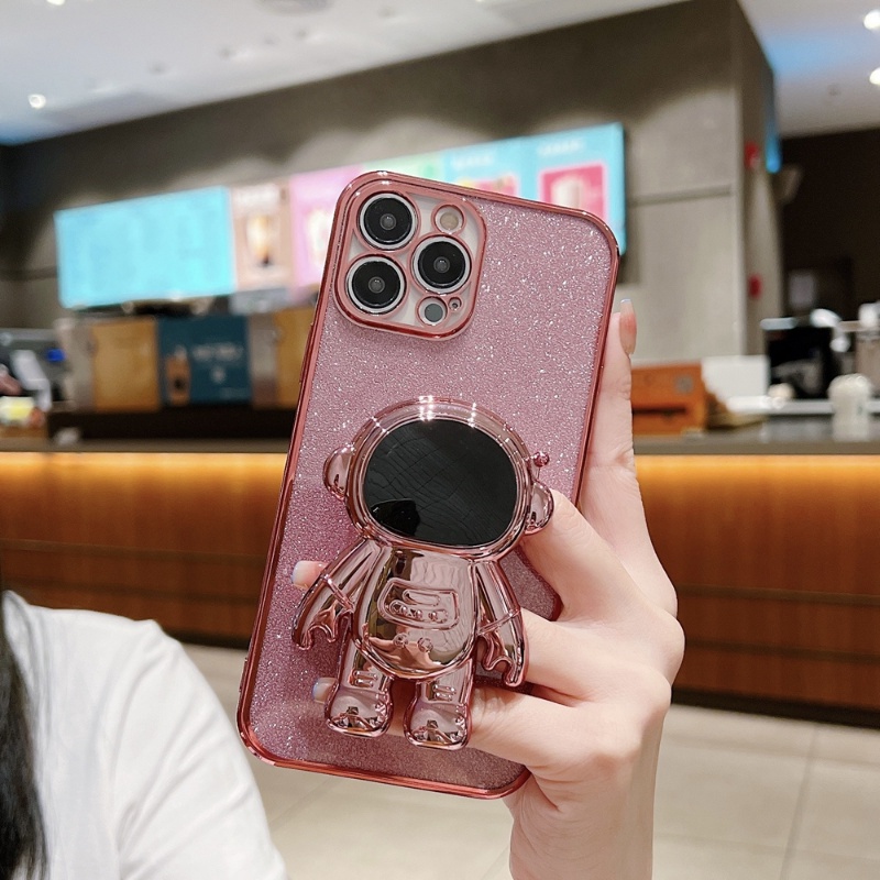 Casing Bracket Kartun Astronot Glitter Untuk iPhone 14 Pro Max13 12 Mini 11x Xr Xs Max8 7 14 Plus SE Plating Stand Bling Cover