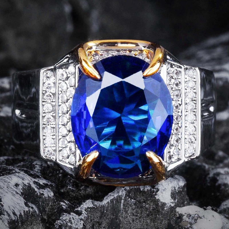 Cincin Safir Simulasi Kualitas Mewah Untuk Pria Cincin Perjamuan Pernikahan Permata Biru Warna-Warni