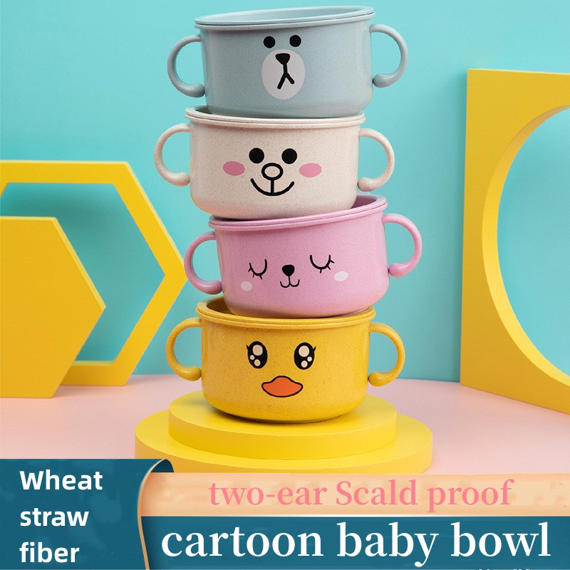 ღ Bayi Feeding Tableware Kartun Bayi Mangkuk dengan Tutup Jerami Gandum Serat Makan Mangkuk Set Dua Telinga Panas bukti Training Bowl Makanan Tambahan Peralatan Makan