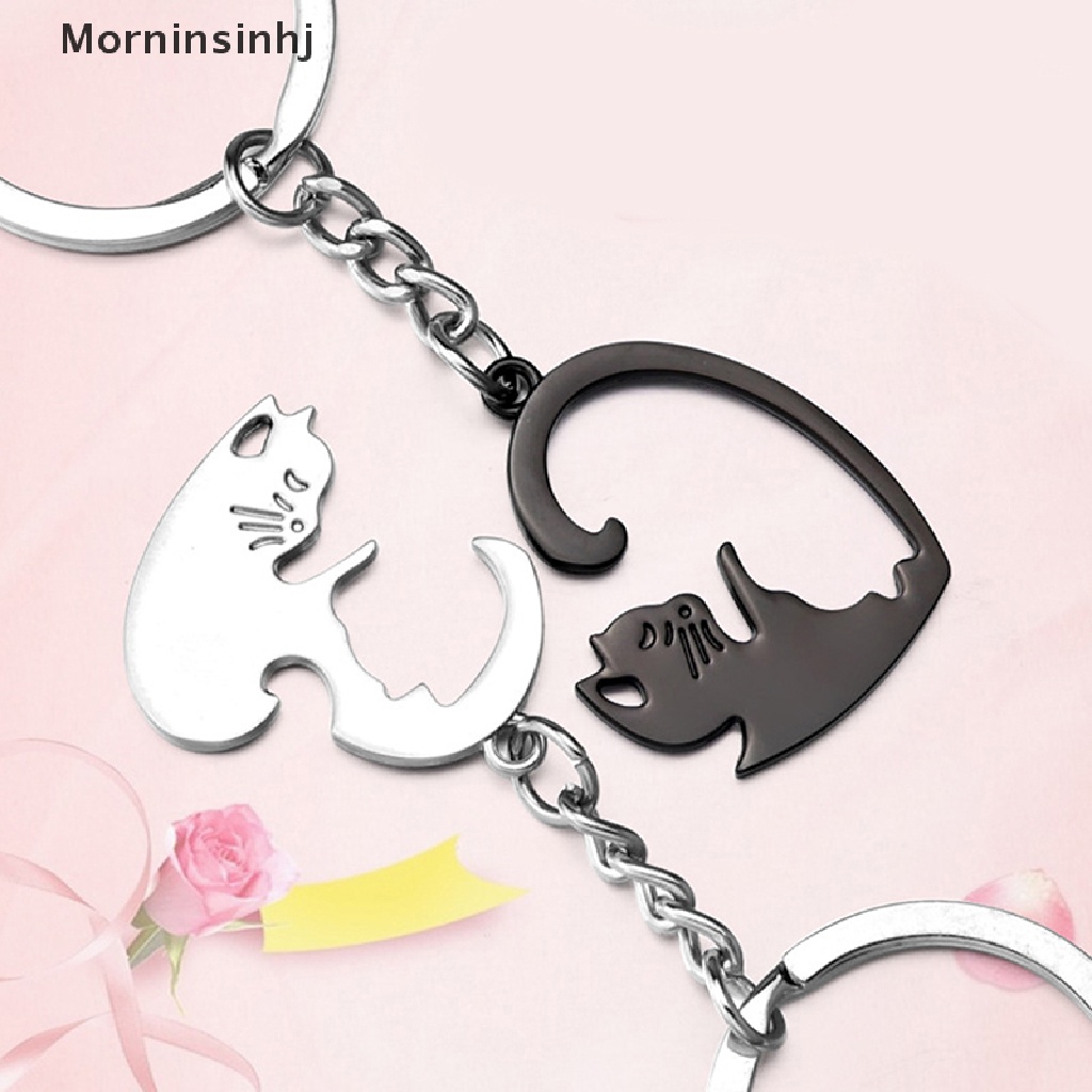 Mornin 2pcs Lucu Kucing Hitam Gantungan Kunci Patchwork Hati Bulat Pasangan Pecinta Keyring Stainless Steel Ransel Kunci Mobil Gantungan Perhiasan id