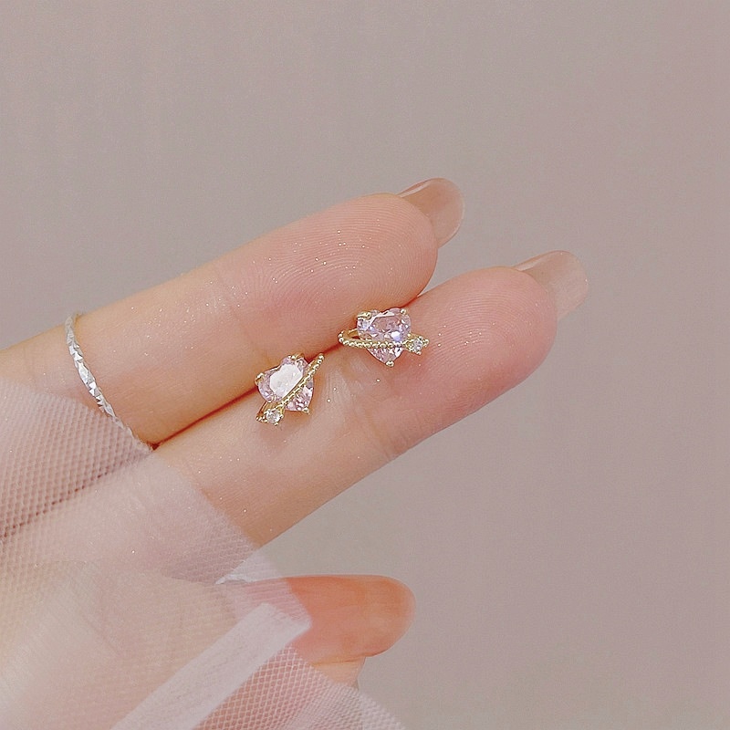 Sweet and Cool Pink Zircon Earrings Ins Simple Design Love Ear Bone Stud Earrings Women's New Style  Sexy Girl Jewelry