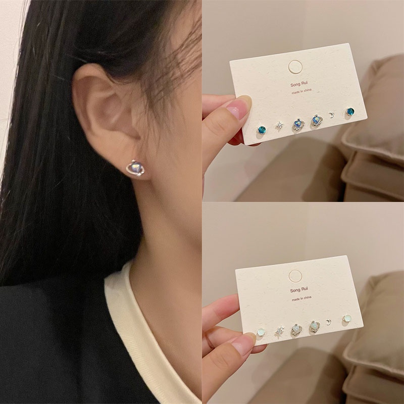 3pasang/set Anting Tusuk Fashion Alloy Berlian Imitasi Hati Bulan Geometris Untuk Wanita