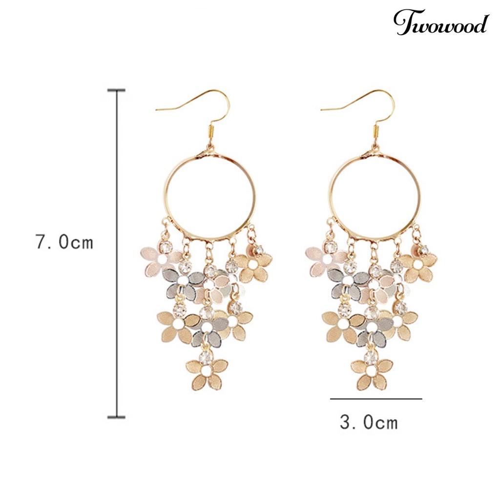 Twowood 1pasang Menjuntai Anting Bunga Dreamcatcher Desain High Gloss Cubic Zirconia Glitter Berdandan Temperamen Bohemian Rumbai Drop Earrings Perhiasan Aksesori