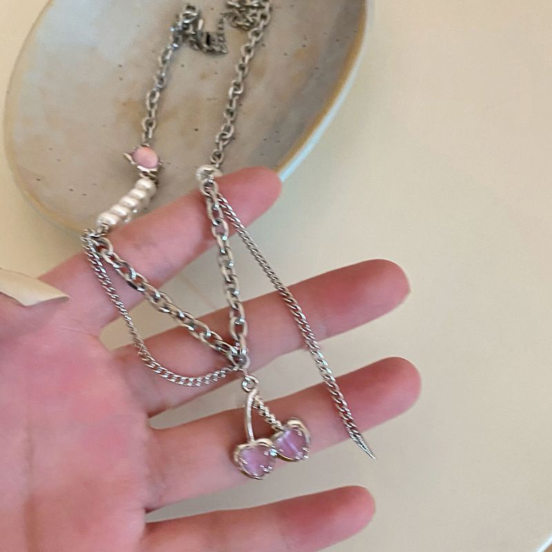 Trend Chic Mutiara Imitasi Splicing Rantai Klavikula Lucu Keren Pink Cherry Liontin Kalung Untuk Aksesoris Perhiasan Wanita