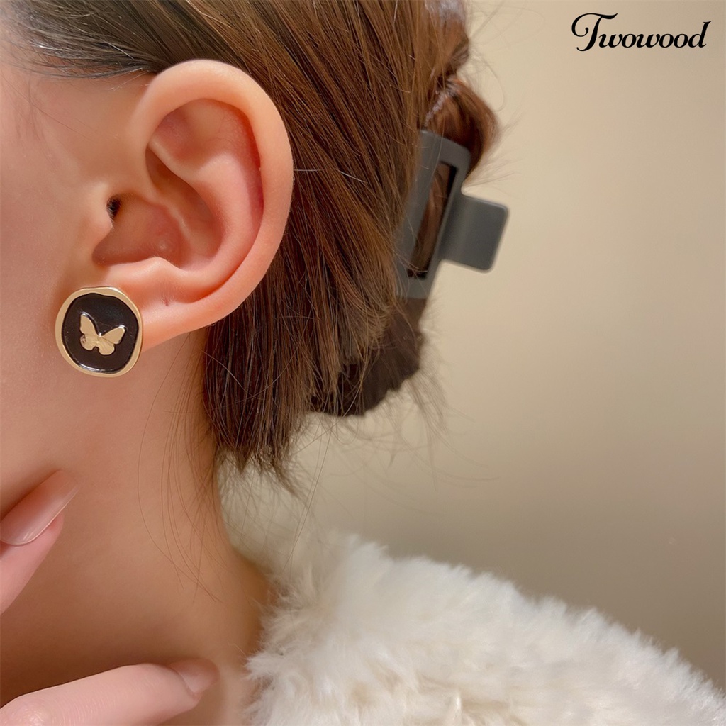 Twowood 1pasang Ear Studs Retro Gaya Perancis Menjatuhkan Minyak Tidak Teratur Bulat Hadiah Kepribadian Hitam Emas Kupu-Kupu Wanita Anting Perhiasan Fashion