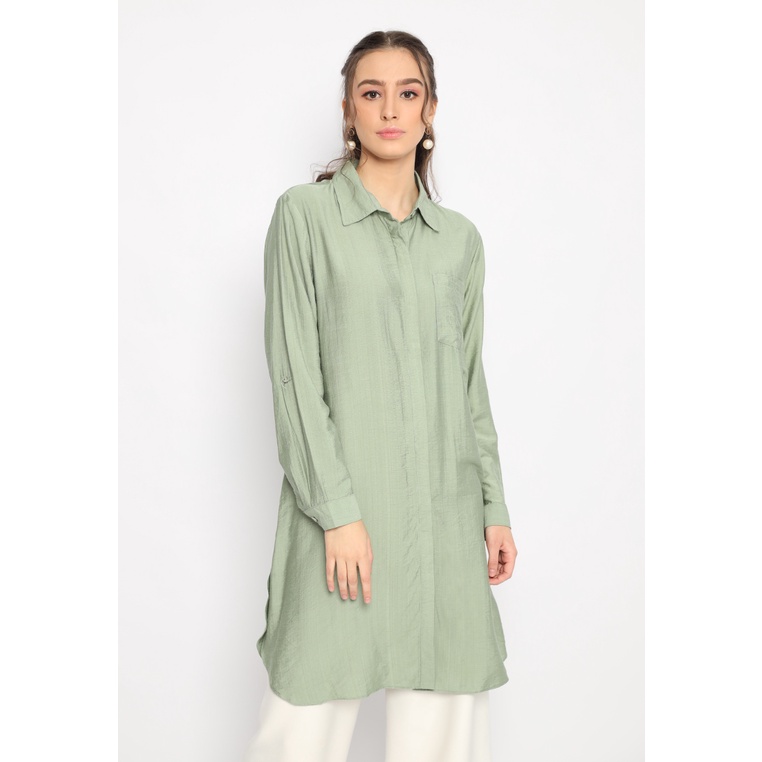 Kemeja Polos Wanita Warna Sage Green Plain Tunic Linen polo - Arlette By Brilliant Girl