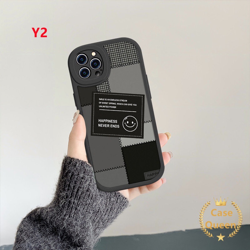 Casing Jahitan Label Hitam Untuk Vivo Y36 Y16 Y21A Y20i Y15 Y21s Y22 Y21 Y15s Y33s Y91C Y20s Y20 V23E Y15A Y22s Y35 Y11 Y30 Y51 Y17 Y31 Y91 V23 Lembut Tpu Pasangan Lucu Smiley Cover