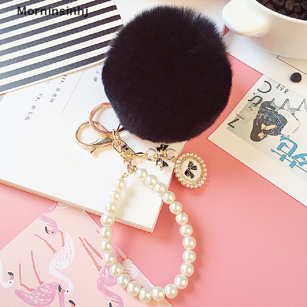 Mornin Rantai Mutiara Kristal Botol Busur Pompom Gantungan Kunci Mobil Wanita handBag Key Chain id