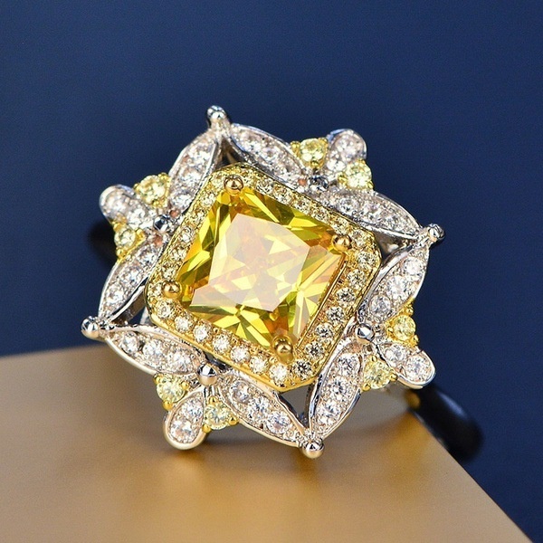 Goldkingdom Aksesoris Perhiasan Fashion Ready Stock Cincin Putri Berlian Kuning Yang Mengacu Cincin Tunangan Perhiasan Perak Pesta