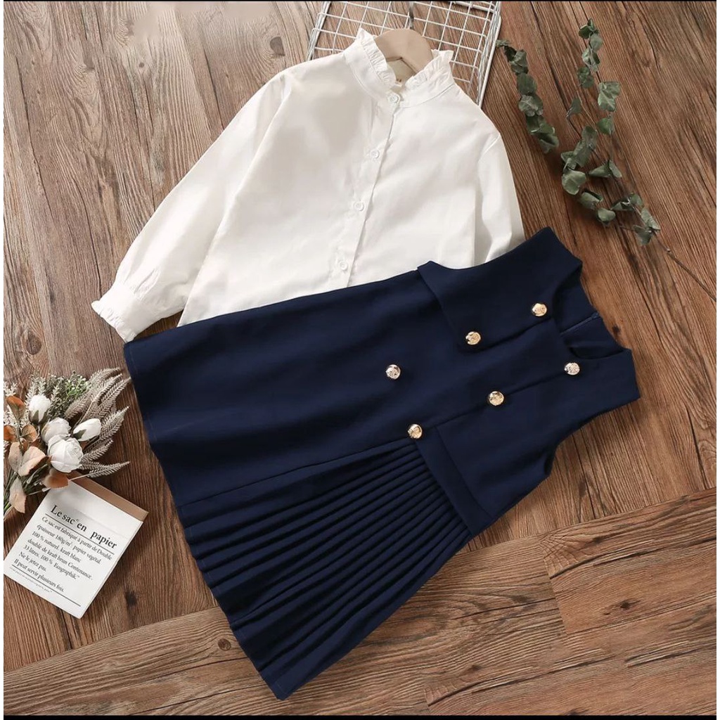 DRESS GAUN ANAK PEREMPUAN LEBARAN  NAVY WHITE 10 11 12 13 14 15 TAHUN KEKINIAN SIMPEL ELEGAN OOTD RE