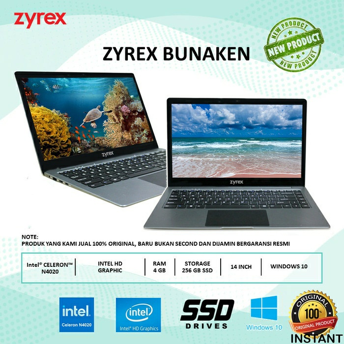 LAPTOP ZYREX BUNAKEN CELERON N4020 RAM 4GB 256GB SSD + EMMC 64GB WIN 10 14&quot; INCH HD GARANSI RESMI