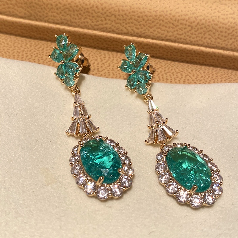 Goldkingdom Fashion Perhiasan Aksesoris Ready Stock Mewah Pastel Anting Ocean Green Broken Drill Earrings Retro Emerald Water Drop Pear Shaped Earrings Panjang Perempuan