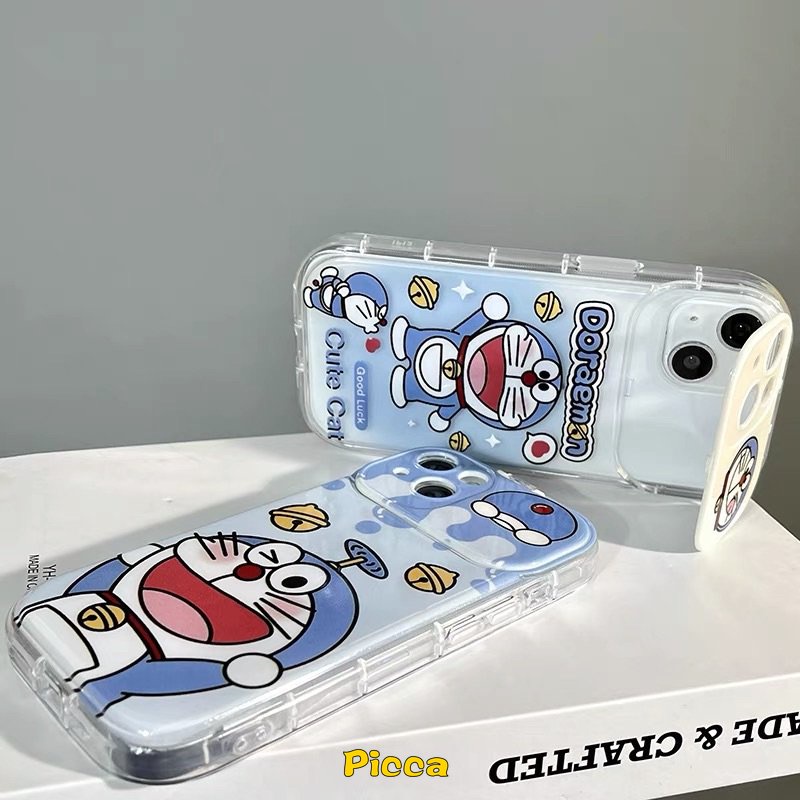 IPHONE Cover Ponsel Doraemon Kucing Kartun Lucu Kompatibel Untuk Iphone7 8 14 Plus11 13 12 14 Pro MAX XR X XS MAX SE 2020 Flip Make Up Mirror Case Shockproof Soft TPU Casing