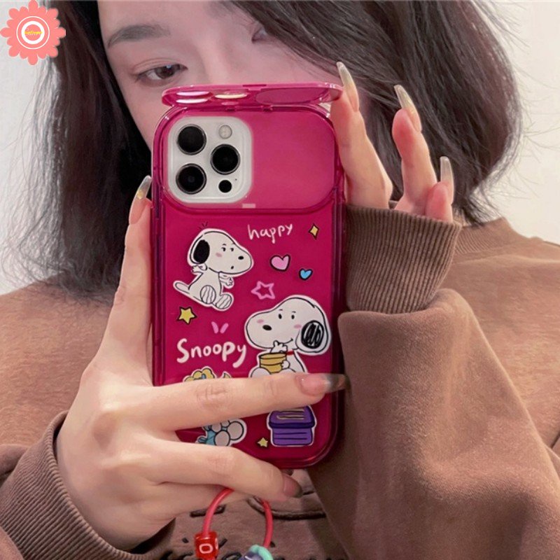 Kartun Snoopy Charlie Brown Lembut TPU Cermin Casing Kompatibel Untuk IPhone XR 78 Plus 11 14 13 12 11 Pro MAX X XS MAX SE 2020 Rose Red Kreatif Flip Make Up Mirror Shockproof Case