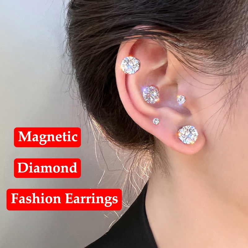 AY(CN) Anting Kristal Zirkon Magnetik Anting Non Piercing Silver Stud Earring Wanita Perhiasan Aksesoris Mudah Dipakai Klip Telinga