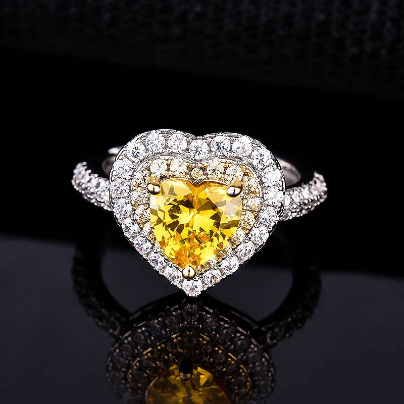 Goldkingdom Aksesoris Perhiasan Fashion Ready Stock Baru Mewah Berwarna Permata Topaz Berbentuk Cinta Cincin Split Double-layer Micro-Hias Engagement Ring Female.