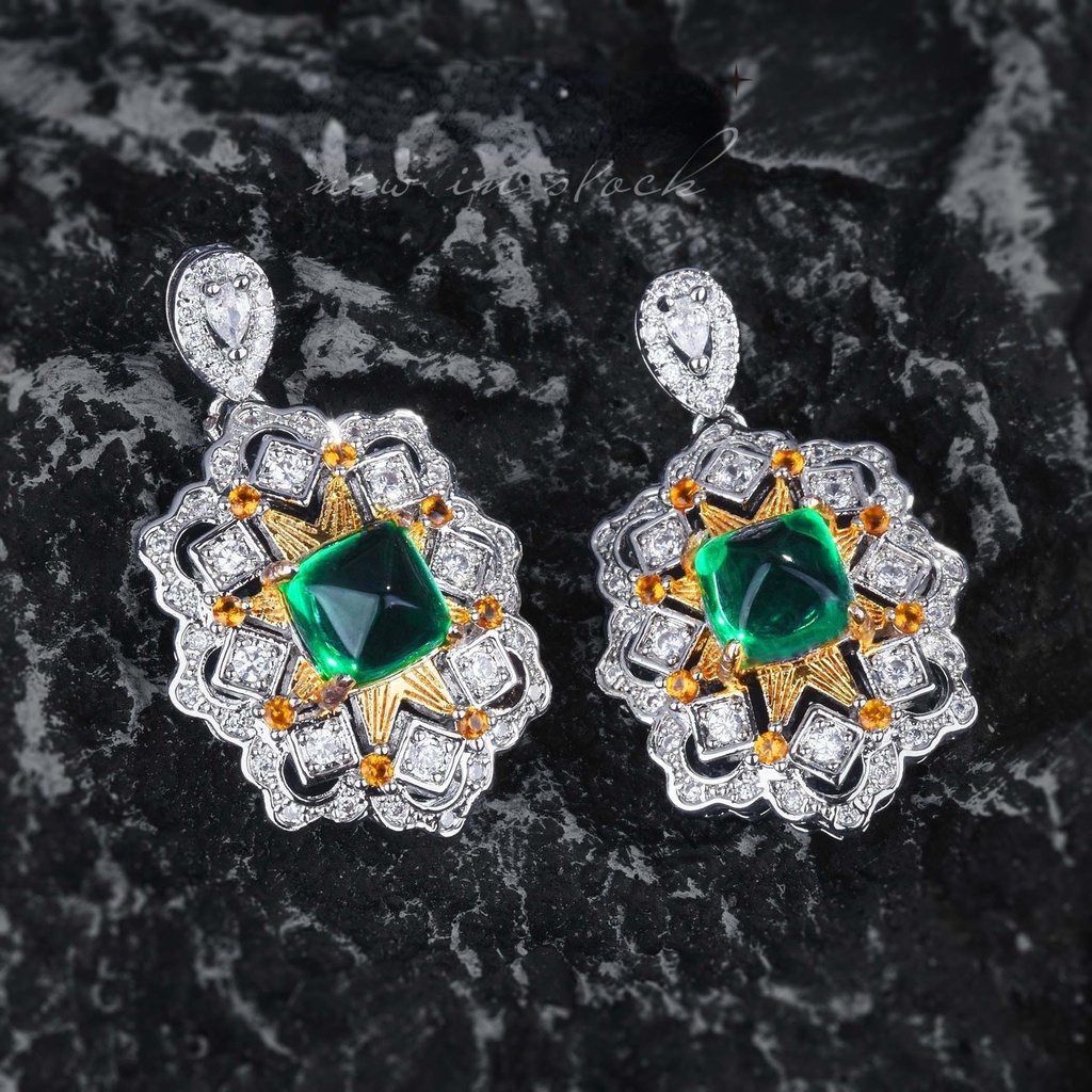 Goldkingdom Aksesoris Perhiasan Fashion Ready Stock Gaya Istana Antik Renda Liontin Warna Ganda Cincin Emas Gula Tower Anting Berlian Hijau Kalung Emerald Set