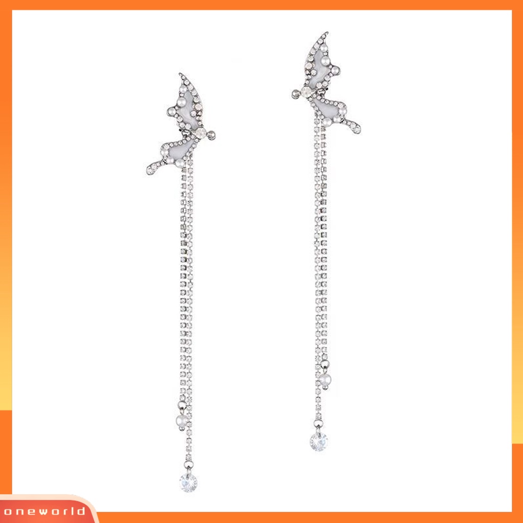 [OWR] 1pasang Manset Telinga Non-Piercing Rumbai Panjang Mutiara Imitasi Peri Elegan Berlian Imitasi Kupu-Kupu Tulang Rawan Klip Anting Perhiasan Fashion
