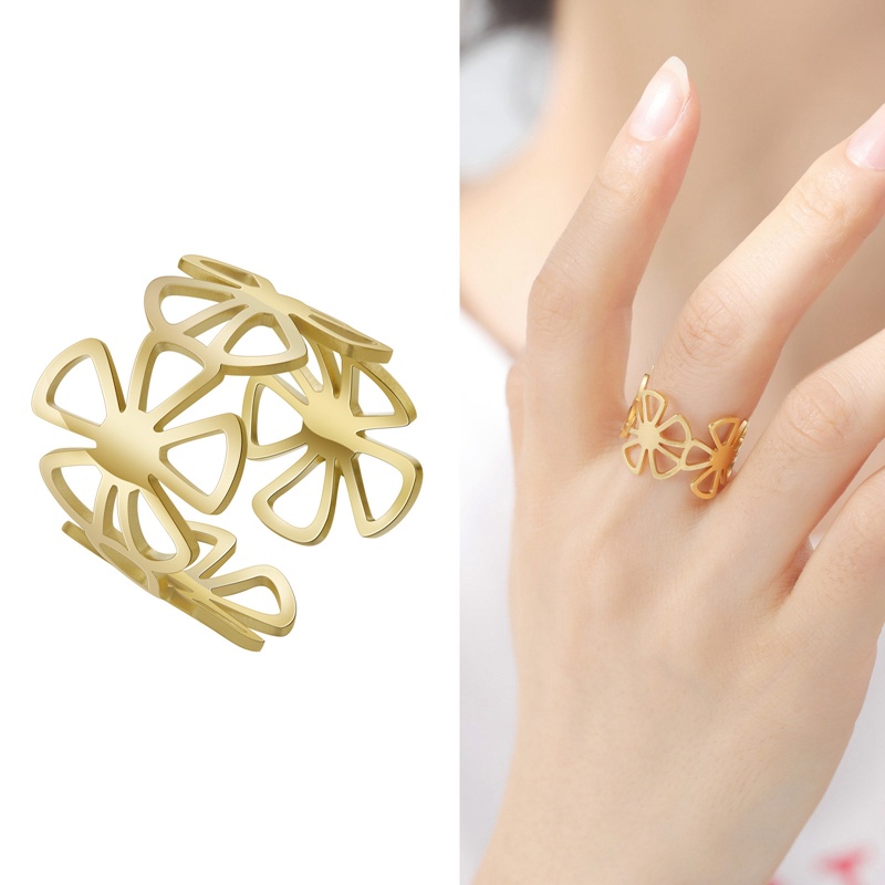 Cincin Stainless Steel Vintage Bunga Aster Terbuka Fashion Wanita Pasangan Adjustable Rings Untuk Wanita Perhiasan Aesthetic Hadiah Gadis