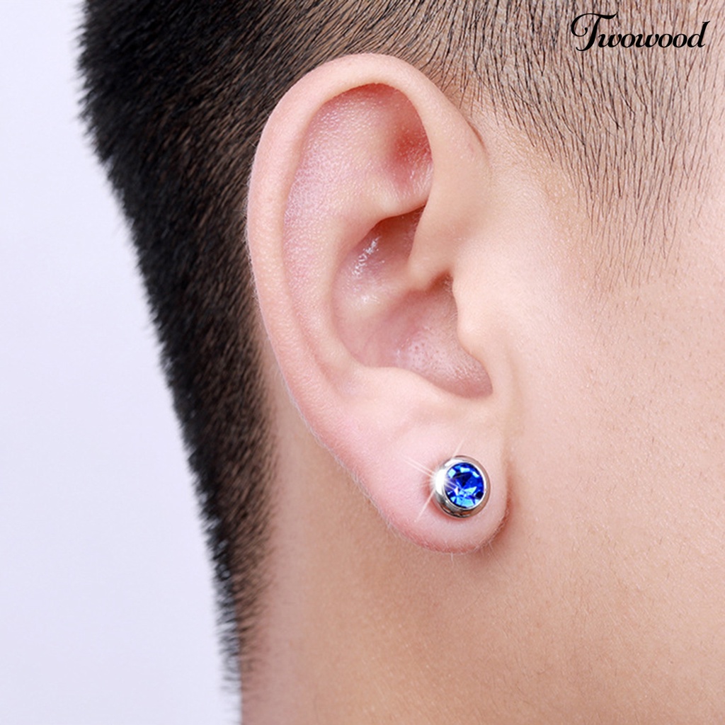 Twowood 1pasang Ear Studs Non-Piercing ic Stainless Steel Bulat Berwarna Berlian Imitasi Tertanam Pria Wanita Anting-Anting Perhiasan Fashion