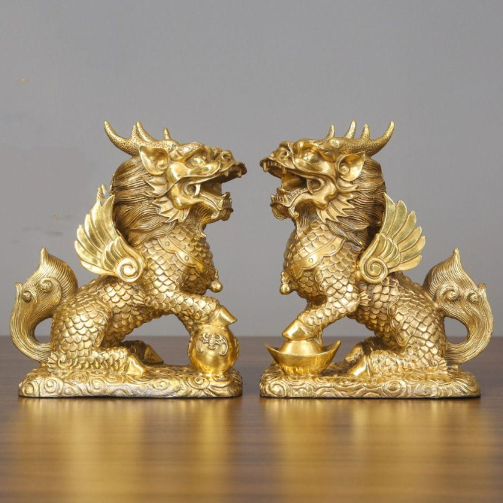 Fishstick Kylin Figurines Copper Qilin Gaya China Mudah Dibersihkan Good Luck Desain Unik Kerajinan Unggul Menarik Kekayaan Miniatur Patung