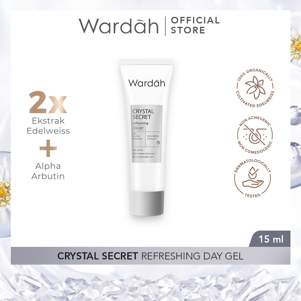 WARDAH Crystal Secret Refreshing Day Gel Indonesia / Pelembab Wajah 15ml 30g / SPF 35 PA+++ / With Alpha Arbutin Edelweiss Extract / Light Watery Hydration For Crystal Bright Skin / Moisturizer Kulit / Skincare Face Care Series / Pagi Malam Night Krim