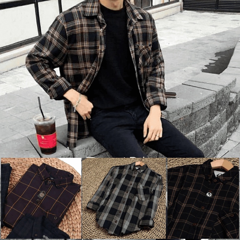LIE KEMEJA FLANEL LENGAN PANJANG UNISEX PREMIUM l FLANNEL HEM KOTAK KATUN ARUNA FOURMINE REGGO T-SHI