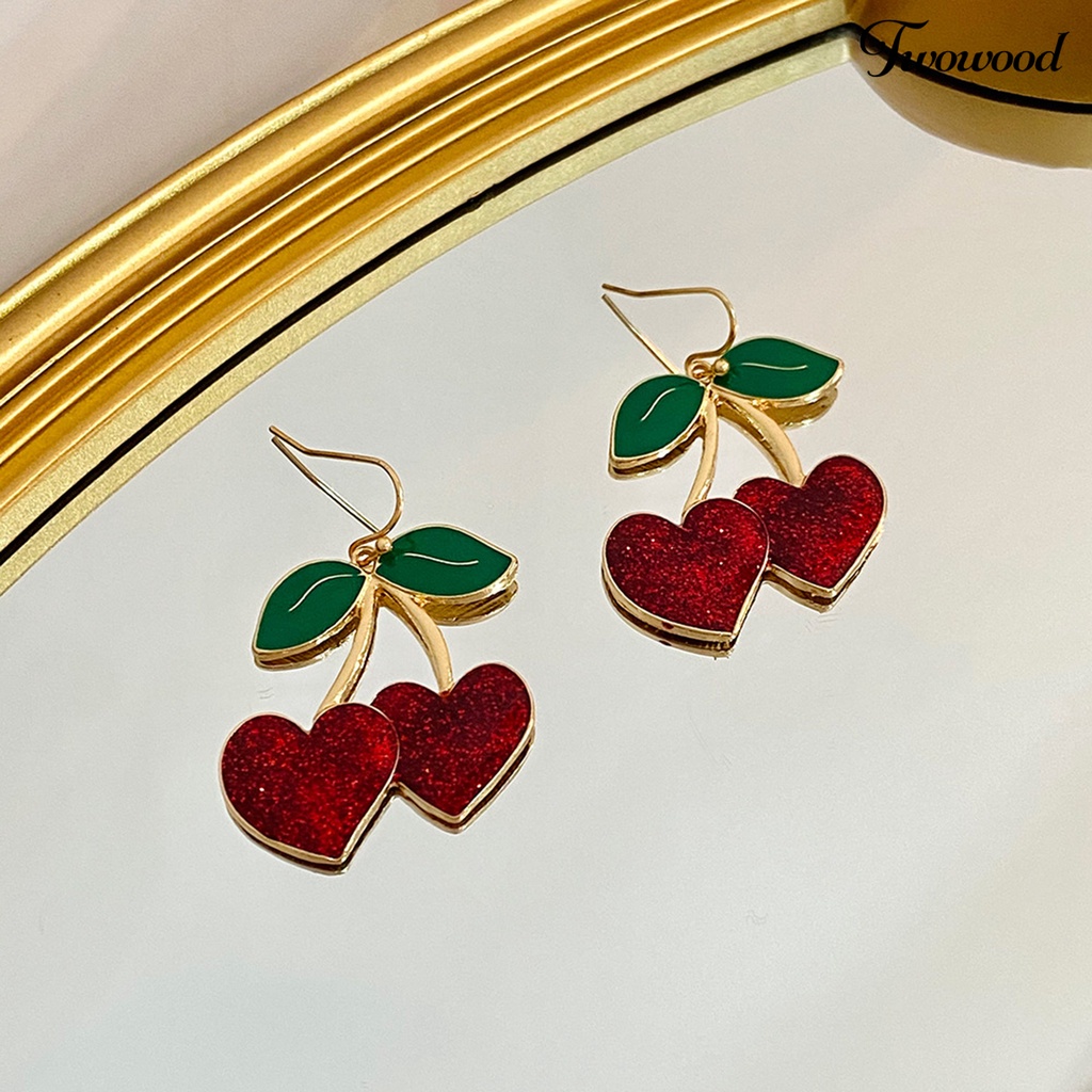 Twowood 1pasang Anting Kait Lucu Bentuk Buah Daun Hijau Tetesan Minyak Cherry Merah Wanita Drop Earrings Fashion Jewelry