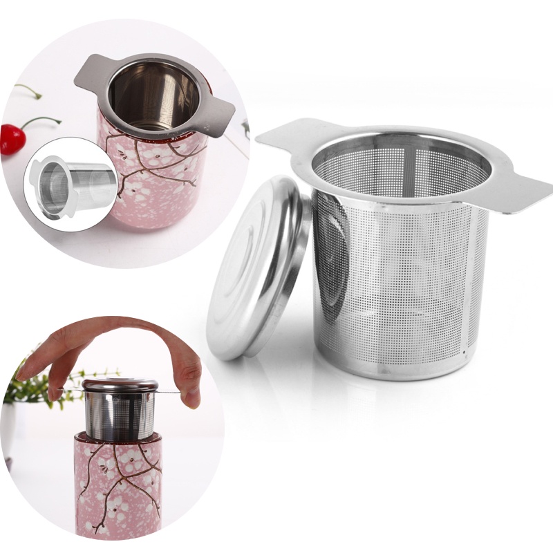 ღ Stainless Steel Teh Kebocoran Binaural Teh Filter dengan Cover Reusable Saringan Teh Tea Leaf Dapur Teko Cokelat Kehitaman Minum Teh aksesoris