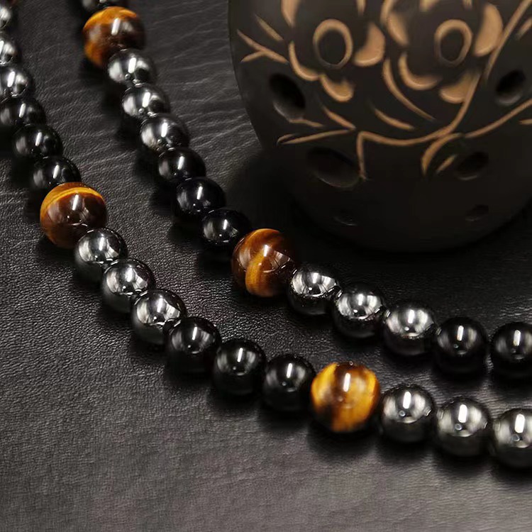 Kalung Manik-Manik Tiger Eye Vintage Pria/Kalung Obsidian Sederhana/Kalung Rantai Panjang/Kalung Choker Basic Sehari Hari/Aksesoris Perhiasan