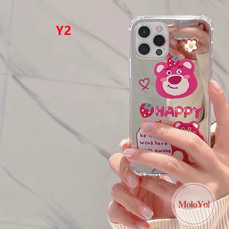 IPHONE Kartun Astronot Manyo Make Up Cermin Ponsel Case Kompatibel Untuk Iphone11 13 12 Pro MAX XR 7plus 78 Plus X XS MAX SE 2020 Beruang Strawberry Lucu Shockproof Soft Cover