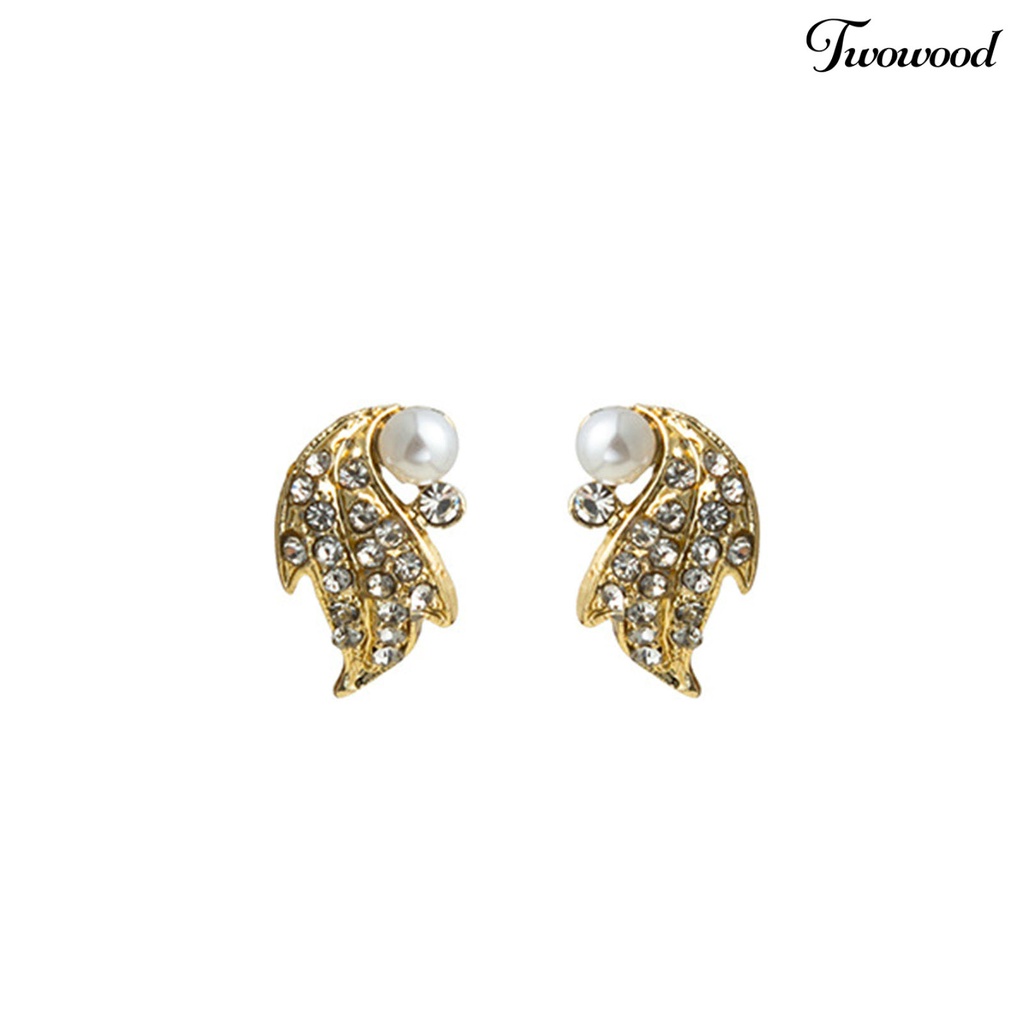 Twowood 1pasang Ear Studs Geometric Shiny Full Rhinestones Sparkling Electroplating Hias Hadiah Wanita Maple Leaf Stud Earrings Musim Gugur Perhiasan Fashion Aksesori