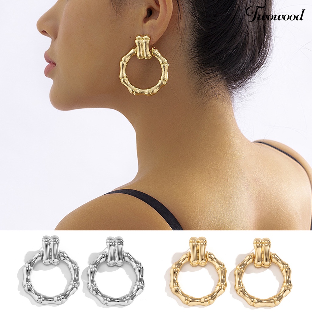 Twowood 1pasang Anting Pejantan Geometris Electroplating Glossy Minimalis Liontin Telinga Hiasan Colorfast Bulat Bambu Telinga Hoop Earrings Perhiasan Aksesori