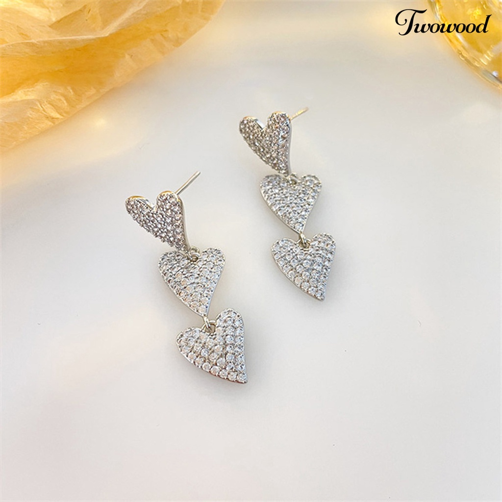 Twowood 1pasang Drop Earrings Cubic Zirconia Sparkling Electroplating Lurus Gantung Liontin Hias Hypoallergenic Cinta Hati Menjuntai Anting-Anting Perhiasan Aksesori