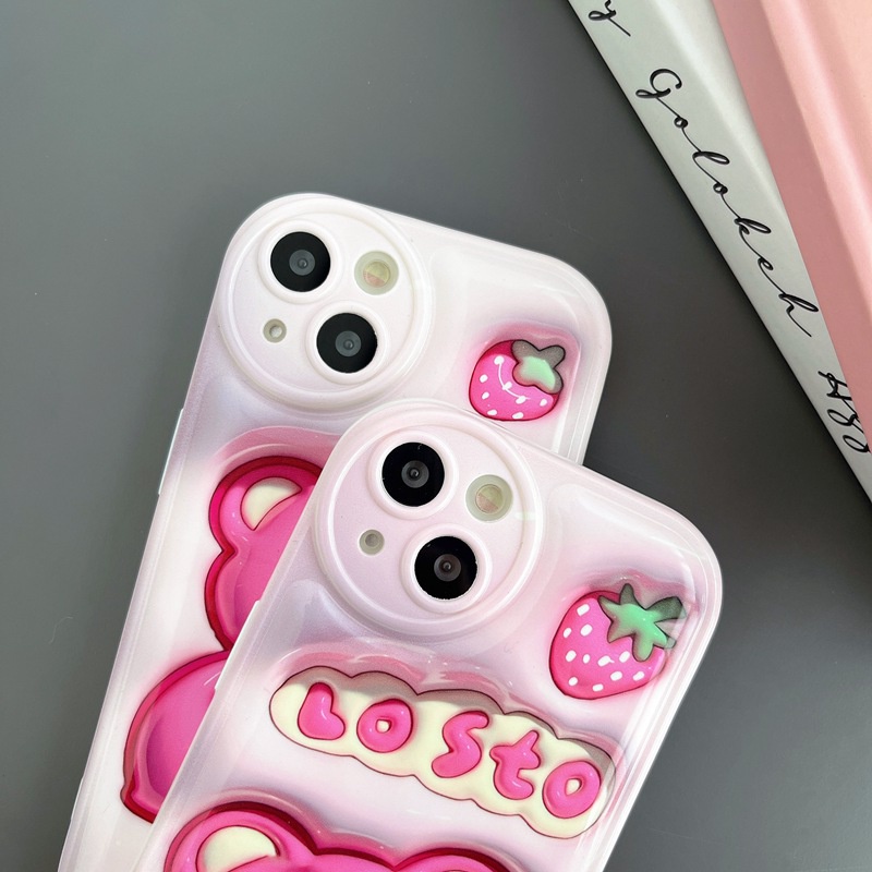 【LOTSO 】Airbag Case for IPhone 6S 7 8 Plus XR XS Max IPhone 11 12 13 14 Pro Max 14 Plus 7+ 8+ Silicone Soft Case Cute Strawberry Cartoon Bear