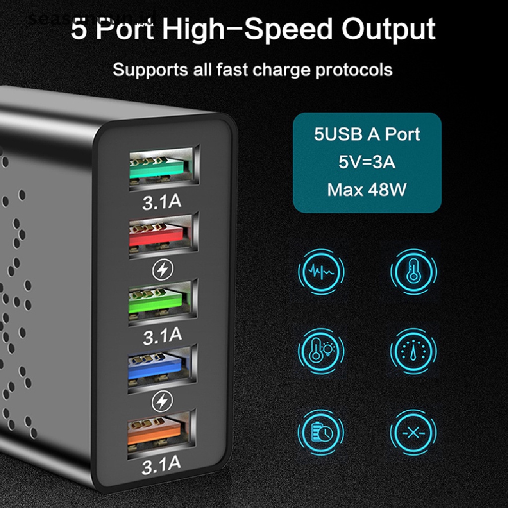 Seasonoun 1Pcs Adaptor Charger Usb Fast Charger Adaptor Kepala Cas Telepon 5-Port.