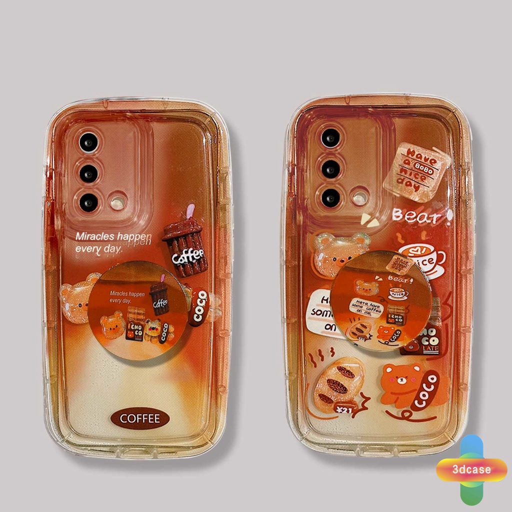 Soft Case OPPO Reno 7 7Z 8Z 5 4 6 8 A57 A55 A57S A57E A7 A17 A17K A5 A9 A31 A53 A33 2020 A77S A15 A54 A5S A3S A76 A96 A16 A95 A12 A12S A1K A16E A16K A54S  5F 5K 4F 4 5 06 Lite A74 A15S A52 Gradual Cartoon Coffee Bear Transparent Soap Case With Stand