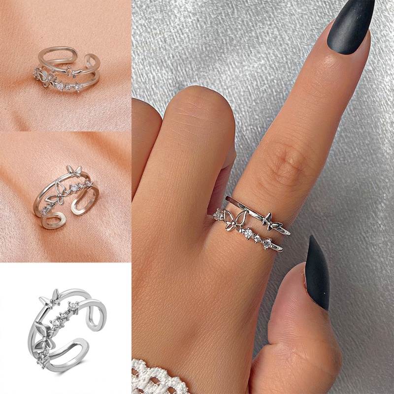 Korea S925 Sterling Perak Rose Gold Berlian Kristal Kupu-Kupu Lapisan Ganda Terbuka Cincin Untuk Wanita Fashion Tembaga Rings