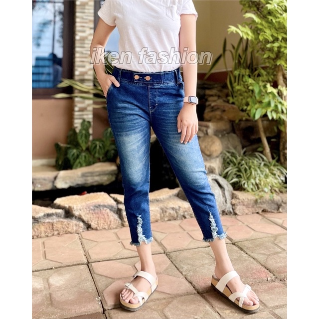 IRGO JEANS // ELLEN JEANS / CELANA JEANS 7/9 WANITA RUBBER 2  BUTTON / PINGGANG KARET SPARY