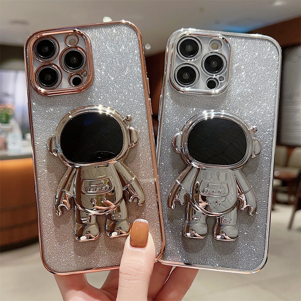 Pink Bling Plating Bracket Stand Astronot Case Untuk IPhone 14 Pro Max13 12 11 X Xr Xs 8 7Plus SE 2 Gradiasi Glitter Case Cover