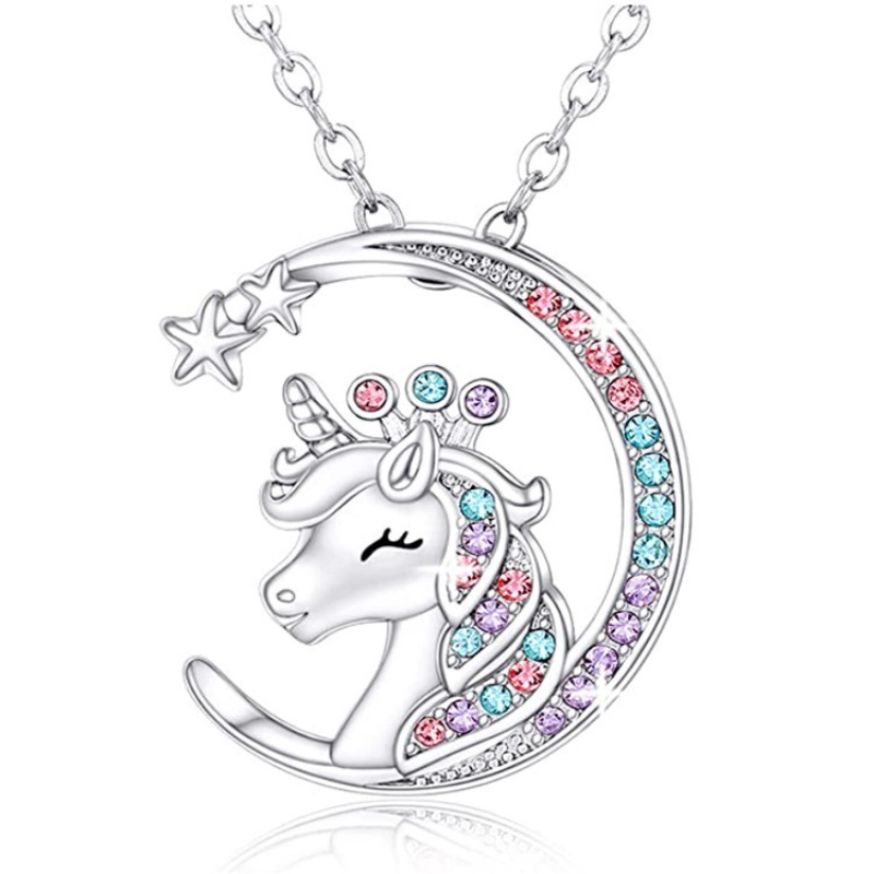 Fashion Berlian Berwarna Sabit Liontin Kalung Pria Dan Wanita retro unicorn Bulan Kalung Kepribadian Kerah Kalung Kalung Hadiah