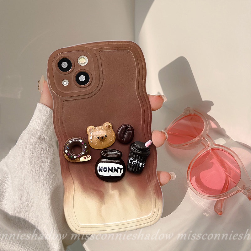 IPHONE Case Donat Warna Gradasi Kompatibel Untuk Iphone11 14 XR 7 8 6s 6 14 Plus 11 13 12 14 Pro Max X XS Max SE 2020 Mainan Kartun 3D Lucu Beruang Kopi Tepi Bergelombang Lembut TPU Cover