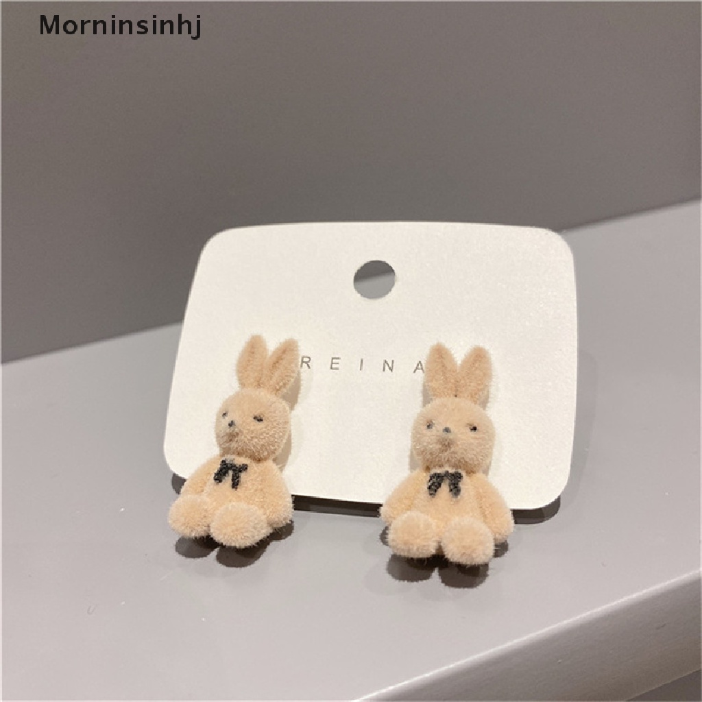 Mornin Cute Flocking Plush Rabbit Bear Stud Earrings Gadis Kawaii Anting Hewan Perhiasan id