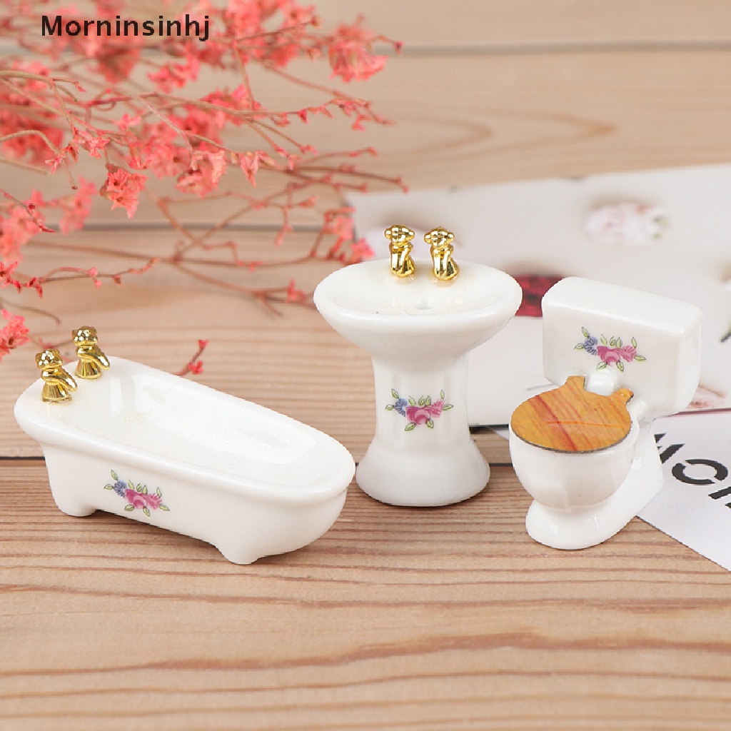 Mornin 3Pcs 1: 24rumah Boneka Miniatur Kamar Mandi Set Porselen Bathtub Toilet Wastafel Rumput id