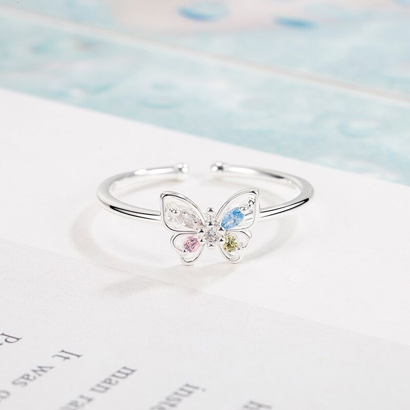 Colorful Cubic Zirconia Butterfly Ring for Women Girl Engagement Wedding Party Punk Jewelry Gift