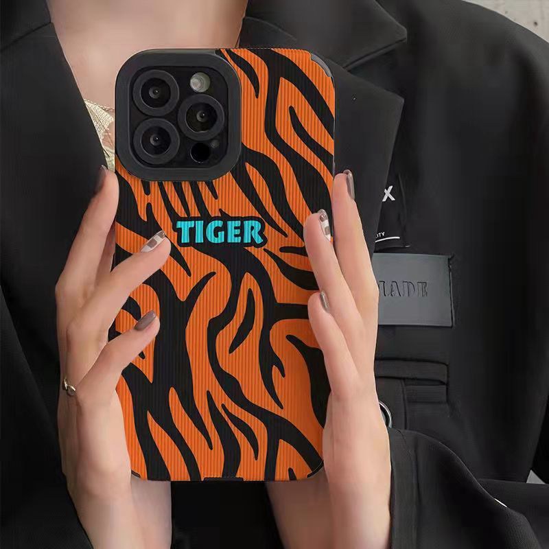 【Lamb Skin】Orange Tiger Pattern Soft Case for IPhone 6S 7 Plus 8 Plus X XS XR XS Max 11 13 12 14 PRO Max 14 Plus 12 13 Mini Camera Protect Women's Baolongwish Casing