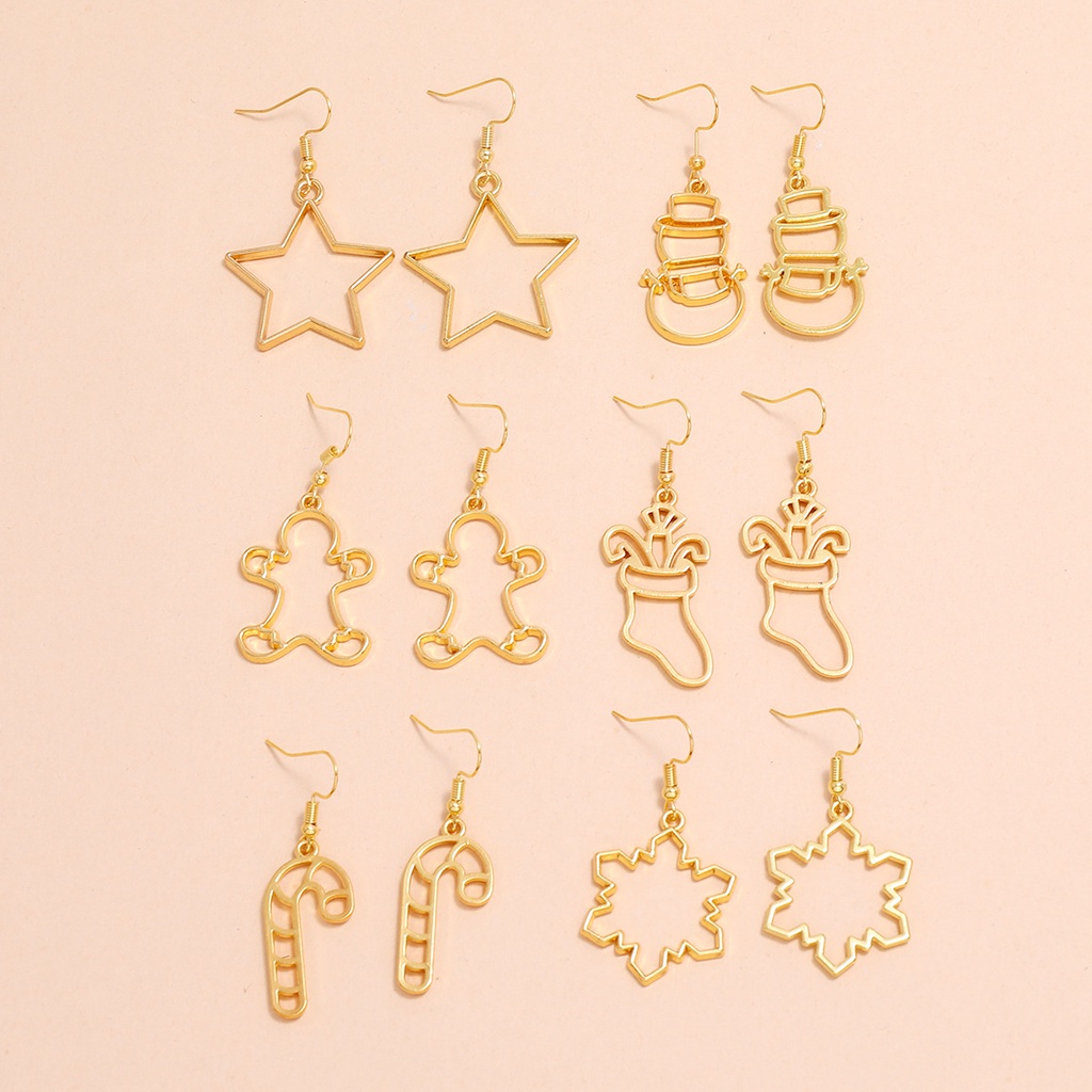 Liburan Indah Natal Seri Anting-Anting Berongga-out Bintang Emas Snowflake Snowman Natal Stoking Liontin Anting-Anting 6pasang