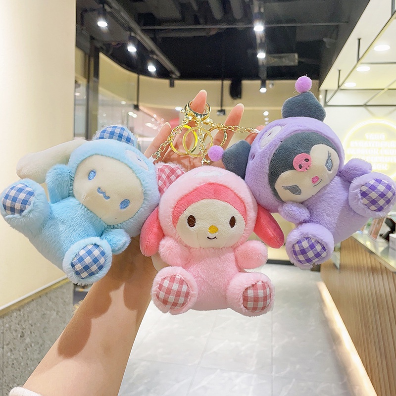 Kawaii Sanrio Mainan Mewah Gantungan Kunci Hello Kitty My Melody Cinnamoroll Pachacco Cute Bear Series Liontin Boneka Mainan Anak