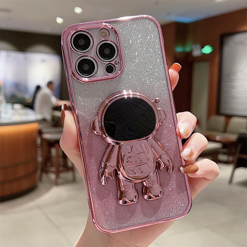 Pink Bling Plating Bracket Stand Astronot Case Untuk IPhone 14 Pro Max13 12 11 X Xr Xs 8 7Plus SE 2 Gradiasi Glitter Case Cover